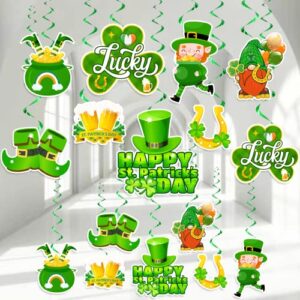 32 pieces st patricks day decorations hanging swirls, st. patricks day decorations shamrock clover leprechaun horseshoe ceiling foil streams for lucky day home irish party supplies