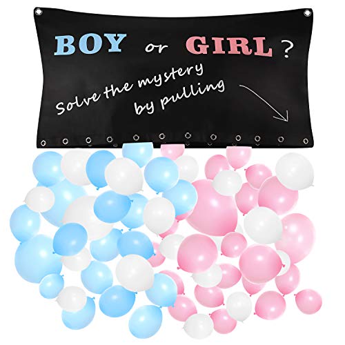 FUKUGAWA Gender Reveal Party Decoration | Boy and Girl Gender Reveal Drop Box | Blue and Pink 6 Inch Colorful Balloons with 48" Gender Reveal Drop Bag (57 Pcs)