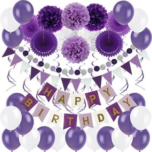 zerodeco birthday decoration set, happy birthday banner bunting with 4 paper fans tissue 6 paper pom poms flower 10 hanging swirl and 20 balloon for birthday party decorations – purple lavender white
