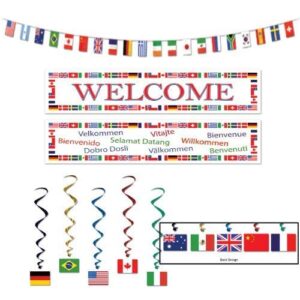 beistle world flags party decorations with flag whirls, pennant streamer, and international welcome banner