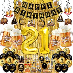 21st birthday decorations for him men – (60pcs) black gold party banner, 40 inch gold number balloons,21st sign latex balloon,fringe curtains and cheers to you foil balloons,hanging swirl,photo props