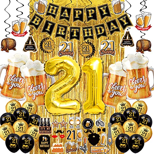 21st birthday decorations for him men - (60pcs) black gold party Banner, 40 Inch Gold Number Balloons,21st Sign Latex Balloon,Fringe Curtains and cheers to you Foil Balloons,Hanging Swirl,photo props