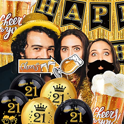 21st birthday decorations for him men - (60pcs) black gold party Banner, 40 Inch Gold Number Balloons,21st Sign Latex Balloon,Fringe Curtains and cheers to you Foil Balloons,Hanging Swirl,photo props