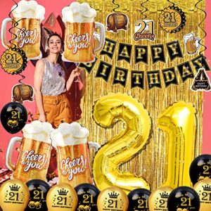 21st birthday decorations for him men - (60pcs) black gold party Banner, 40 Inch Gold Number Balloons,21st Sign Latex Balloon,Fringe Curtains and cheers to you Foil Balloons,Hanging Swirl,photo props