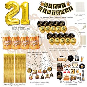 21st birthday decorations for him men - (60pcs) black gold party Banner, 40 Inch Gold Number Balloons,21st Sign Latex Balloon,Fringe Curtains and cheers to you Foil Balloons,Hanging Swirl,photo props