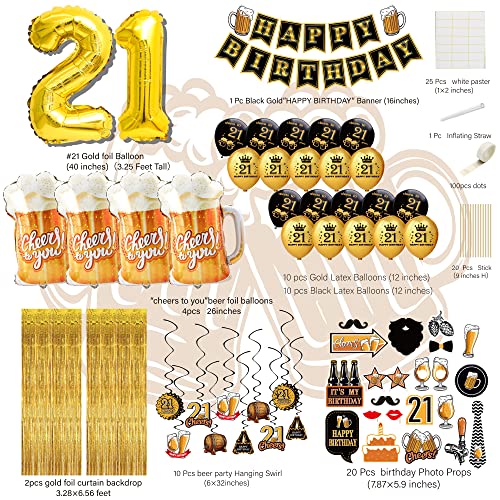 21st birthday decorations for him men - (60pcs) black gold party Banner, 40 Inch Gold Number Balloons,21st Sign Latex Balloon,Fringe Curtains and cheers to you Foil Balloons,Hanging Swirl,photo props