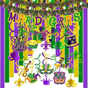 38 pcs mardi gras party swirls hanging foil swirl streamers with mardi gras banner tinsel garland crepe paper streamers for mardi gras new orleans bachelorette birthday ceiling backdrop decoration