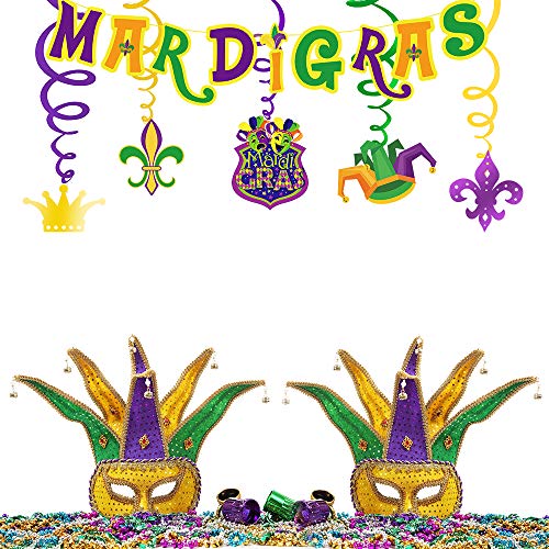 38 Pcs Mardi Gras Party Swirls Hanging Foil Swirl Streamers with Mardi Gras Banner Tinsel Garland Crepe Paper Streamers for Mardi Gras New Orleans Bachelorette Birthday Ceiling Backdrop Decoration