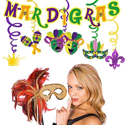 38 Pcs Mardi Gras Party Swirls Hanging Foil Swirl Streamers with Mardi Gras Banner Tinsel Garland Crepe Paper Streamers for Mardi Gras New Orleans Bachelorette Birthday Ceiling Backdrop Decoration