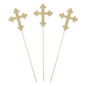 gold glitter cross centerpiece sticks for baptism christening party decorations – set of 10