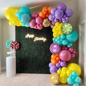 candy rainbow balloon garland and arch kit-141pcs yellow blue orange rose red purple macaron balloons with lollipop balloons for candy theme baby shower birthday party supplies