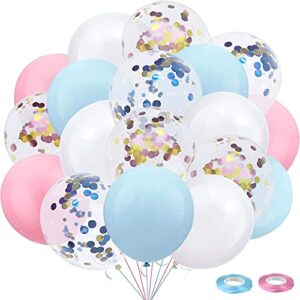 Gender Reveal Pink Blue Balloons - 60 Pack 12 Inch Pink and Blue Confetti Latex Party Balloons Arch Kit Pastel Balloons for Baby Shower Wedding Birthday Party Decoration - with 33ft Ribbon