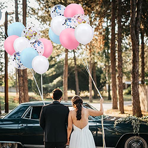 Gender Reveal Pink Blue Balloons - 60 Pack 12 Inch Pink and Blue Confetti Latex Party Balloons Arch Kit Pastel Balloons for Baby Shower Wedding Birthday Party Decoration - with 33ft Ribbon