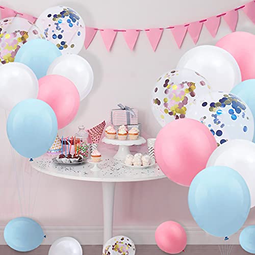 Gender Reveal Pink Blue Balloons - 60 Pack 12 Inch Pink and Blue Confetti Latex Party Balloons Arch Kit Pastel Balloons for Baby Shower Wedding Birthday Party Decoration - with 33ft Ribbon