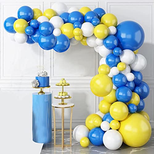 Blue Yellow White Balloon Garland Kit, 90 Pack Blue Yellow White Latex Balloons with 16FT Strip for Baby Shower Anniversary Birthday Wedding Graduation Office Party DIY Decoration