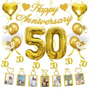 50th anniversary decorations party supplies set of happy anniversary photo banner and balloons,hanging swirls for 50 year wedding anniversary decor(gold)