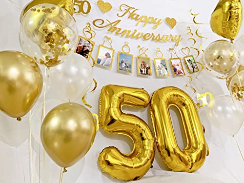 50th Anniversary Decorations Party Supplies Set of Happy Anniversary Photo Banner and Balloons,Hanging Swirls for 50 year Wedding Anniversary decor(Gold)