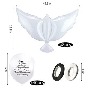 50 PCS White Memorial Balloons Set with 40 PCS White Memorial Balloons 8 PCS Peace Dove Balloons 2 Rolls of Ribbons Funeral Remembrance Balloons for Condolence Funeral Anniversary Memorial Services