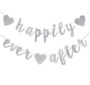 happily ever after silver glitter bunting banner, engagement, bridal shower, wedding party photo booth props signs,pre-strung cursive bunting (silver)