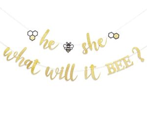 he she what will it bee – golden glitter party banner decorations, bee gender reveal banner, bee theme baby shower, baby shower shower banner，golden glitter banner