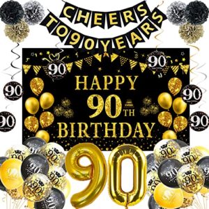 trgowaul 90th birthday decoration set: includes 90th black gold birthday backdrop, gold glittery cheers to 90 years banner, pom poms, 6pcs sparkling 90 hanging swirl and balloons