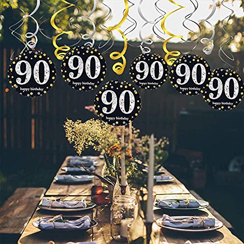 Trgowaul 90th Birthday Decoration Set: Includes 90th Black Gold Birthday Backdrop, Gold Glittery Cheers to 90 Years Banner, Pom Poms, 6Pcs Sparkling 90 Hanging Swirl and Balloons