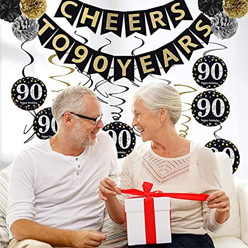 Trgowaul 90th Birthday Decoration Set: Includes 90th Black Gold Birthday Backdrop, Gold Glittery Cheers to 90 Years Banner, Pom Poms, 6Pcs Sparkling 90 Hanging Swirl and Balloons