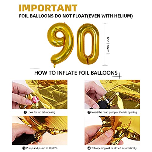 Trgowaul 90th Birthday Decoration Set: Includes 90th Black Gold Birthday Backdrop, Gold Glittery Cheers to 90 Years Banner, Pom Poms, 6Pcs Sparkling 90 Hanging Swirl and Balloons