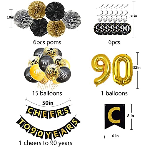 Trgowaul 90th Birthday Decoration Set: Includes 90th Black Gold Birthday Backdrop, Gold Glittery Cheers to 90 Years Banner, Pom Poms, 6Pcs Sparkling 90 Hanging Swirl and Balloons