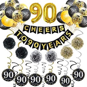 Trgowaul 90th Birthday Decoration Set: Includes 90th Black Gold Birthday Backdrop, Gold Glittery Cheers to 90 Years Banner, Pom Poms, 6Pcs Sparkling 90 Hanging Swirl and Balloons