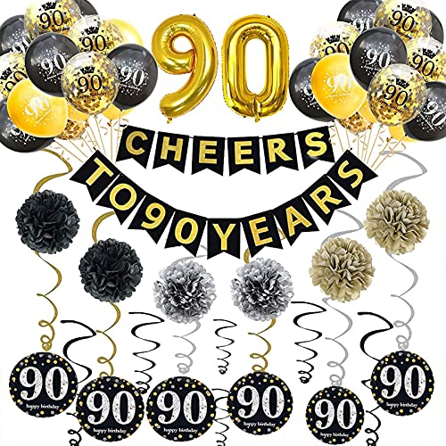 Trgowaul 90th Birthday Decoration Set: Includes 90th Black Gold Birthday Backdrop, Gold Glittery Cheers to 90 Years Banner, Pom Poms, 6Pcs Sparkling 90 Hanging Swirl and Balloons