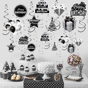 30Pcs Black White Silver Birthday Hanging Swirls Decorations for Women Men, Black White Happy Birthday Foil Swirl Party Supplies, 16th 21st 30th 40th 50th 60th Birthday Ceiling Swirl Sign Decor