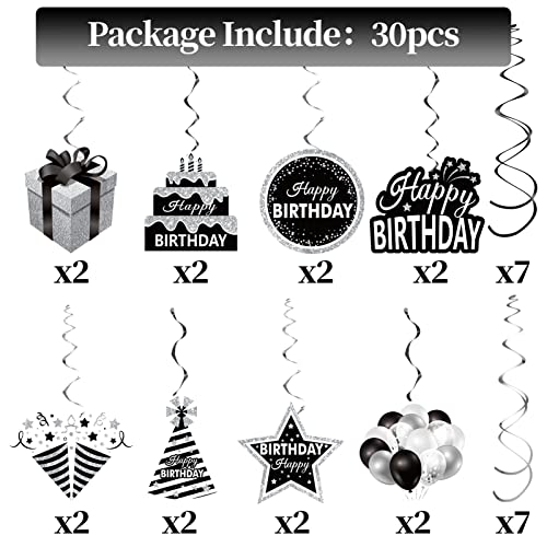 30Pcs Black White Silver Birthday Hanging Swirls Decorations for Women Men, Black White Happy Birthday Foil Swirl Party Supplies, 16th 21st 30th 40th 50th 60th Birthday Ceiling Swirl Sign Decor