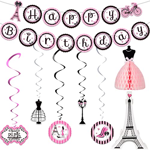 Paris Party Decorations Set, Paris Happy Birthday Banner Dress Honeycomb Centerpiece Eiffel Tower Cutout Paris Hanging Swirl Decoration for Baby Shower Birthday Paris Theme Party Supplies