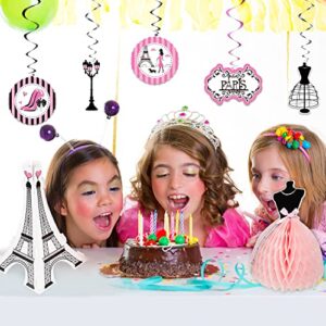 Paris Party Decorations Set, Paris Happy Birthday Banner Dress Honeycomb Centerpiece Eiffel Tower Cutout Paris Hanging Swirl Decoration for Baby Shower Birthday Paris Theme Party Supplies