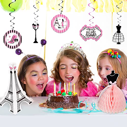 Paris Party Decorations Set, Paris Happy Birthday Banner Dress Honeycomb Centerpiece Eiffel Tower Cutout Paris Hanging Swirl Decoration for Baby Shower Birthday Paris Theme Party Supplies