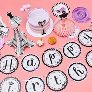 Paris Party Decorations Set, Paris Happy Birthday Banner Dress Honeycomb Centerpiece Eiffel Tower Cutout Paris Hanging Swirl Decoration for Baby Shower Birthday Paris Theme Party Supplies