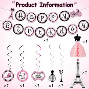 Paris Party Decorations Set, Paris Happy Birthday Banner Dress Honeycomb Centerpiece Eiffel Tower Cutout Paris Hanging Swirl Decoration for Baby Shower Birthday Paris Theme Party Supplies