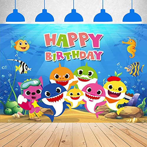 GRATULON Babe Shark Party Supplies for Birthday Decorations, Gratulon Vinyl Light-Weight Babe Shark Backdrop for Baby Shower and Kids’ Bedroom Wall Sticker Décor Blue 5x3 ft