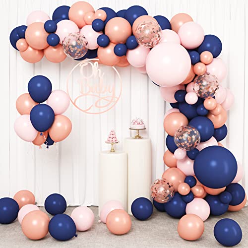 RUBFAC 146pcs Navy Blue and Pink Balloons Garland Arch Kit with Navy Blue and Rose Gold Pink Balloons for Gender Reveal Decorations Baby Shower Graduation Supplies