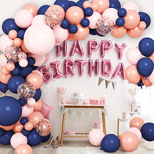 RUBFAC 146pcs Navy Blue and Pink Balloons Garland Arch Kit with Navy Blue and Rose Gold Pink Balloons for Gender Reveal Decorations Baby Shower Graduation Supplies