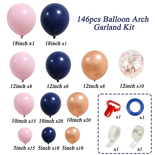 RUBFAC 146pcs Navy Blue and Pink Balloons Garland Arch Kit with Navy Blue and Rose Gold Pink Balloons for Gender Reveal Decorations Baby Shower Graduation Supplies