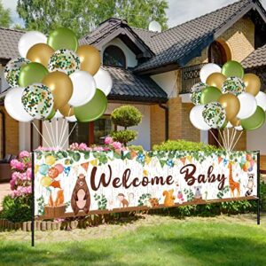 woodland baby shower decoration gender neutral forest decor woodland animal baby shower party supplies, welcome baby banner forest creature backdrop, latex confetti balloon for gender reveal