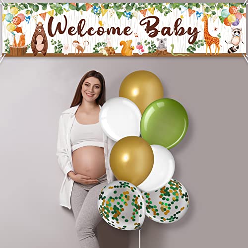 Woodland Baby Shower Decoration Gender Neutral Forest Decor Woodland Animal Baby Shower Party Supplies, Welcome Baby Banner Forest Creature Backdrop, Latex Confetti Balloon for Gender Reveal