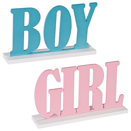 Boy or Girl Sign – Blue and Pink Wooden Tabletop Decor， for Gender Reveal and Baby Shower Party Supplies – by JTRF