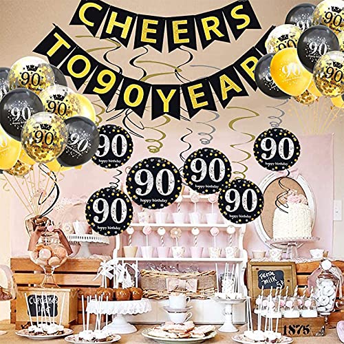 Trgowaul 90th Birthday Party Decorations Kit- Gold Cheers to 90 Years Banner, Pom Poms, 6Pcs Sparkling 90 Hanging Swirl, 90 Balloon, 15 Confetti Balloons(Black, Golden) for 90 Years Old Party Supplies