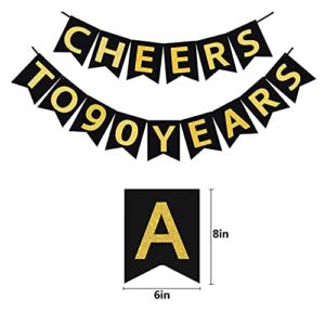 Trgowaul 90th Birthday Party Decorations Kit- Gold Cheers to 90 Years Banner, Pom Poms, 6Pcs Sparkling 90 Hanging Swirl, 90 Balloon, 15 Confetti Balloons(Black, Golden) for 90 Years Old Party Supplies