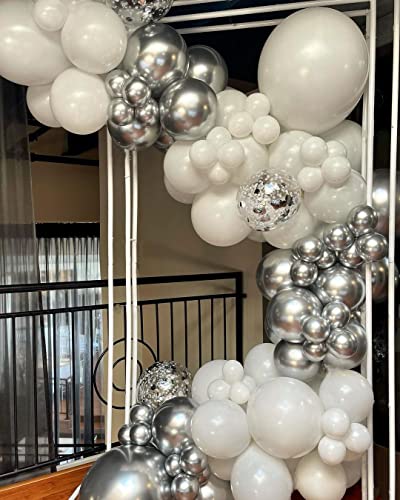 White Silver Latex Balloon Garland Kit Kelfara 127Pcs Different Sizes 18/12/10/5 inch Matte White Metallic Silver 4D Foil Balloons and Confetti Ballons for Anniversary Birthday Party Decoration