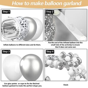 White Silver Latex Balloon Garland Kit Kelfara 127Pcs Different Sizes 18/12/10/5 inch Matte White Metallic Silver 4D Foil Balloons and Confetti Ballons for Anniversary Birthday Party Decoration