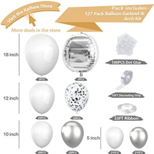 White Silver Latex Balloon Garland Kit Kelfara 127Pcs Different Sizes 18/12/10/5 inch Matte White Metallic Silver 4D Foil Balloons and Confetti Ballons for Anniversary Birthday Party Decoration